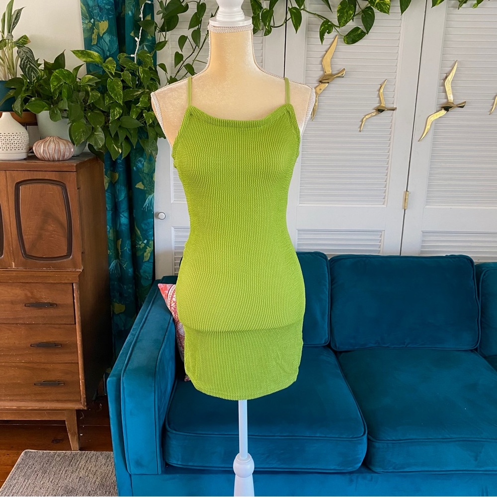 Urban Outfitters | Tyra Strappy Back Mini Dress Green Textured Rib Knit Small - Picture 2 of 16